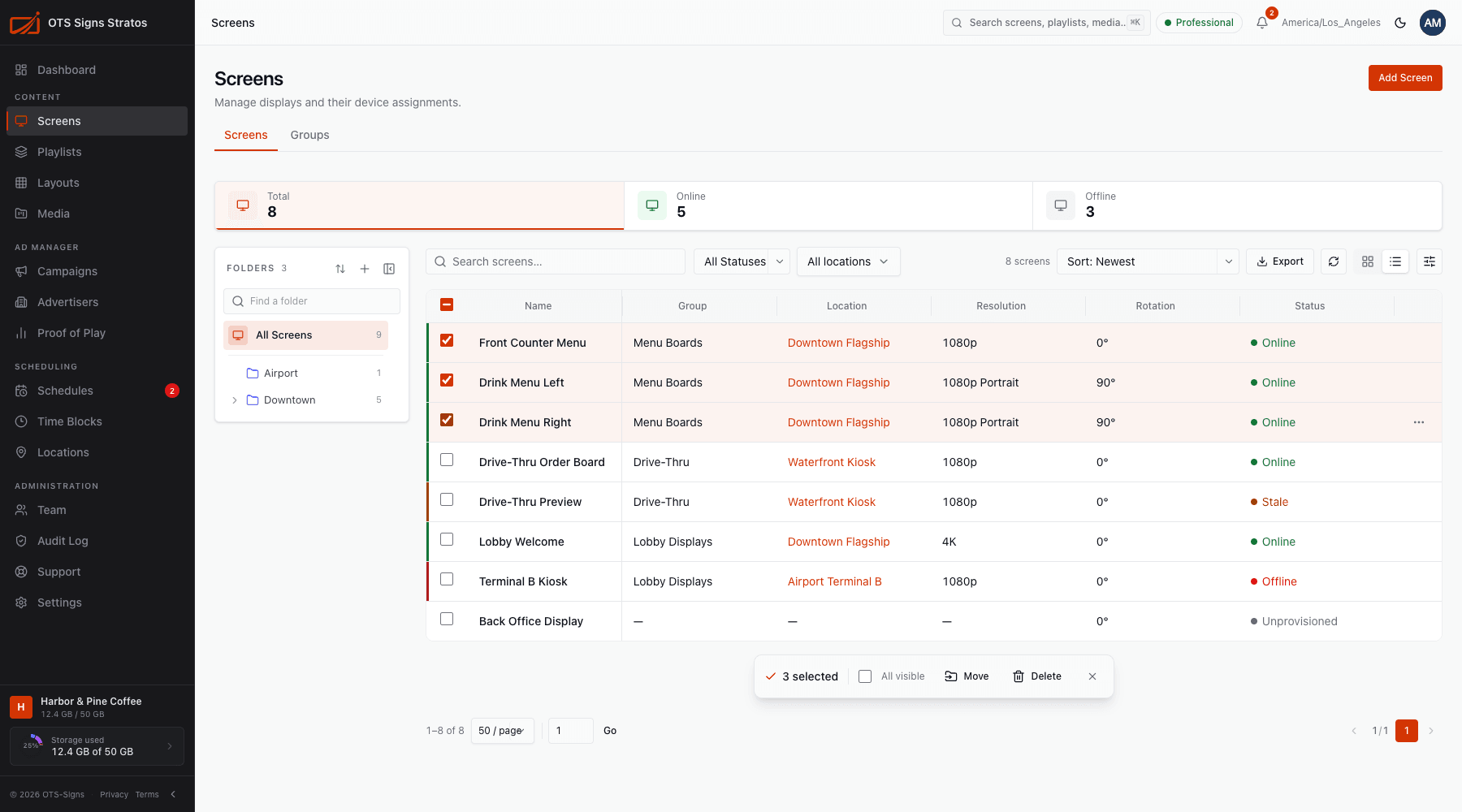 Three screens selected, with bulk actions