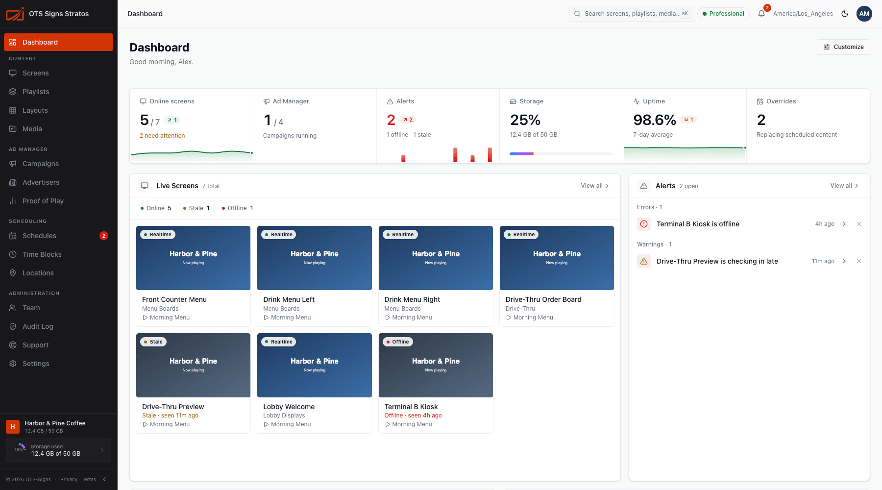 The Stratos dashboard showing live screens and alerts
