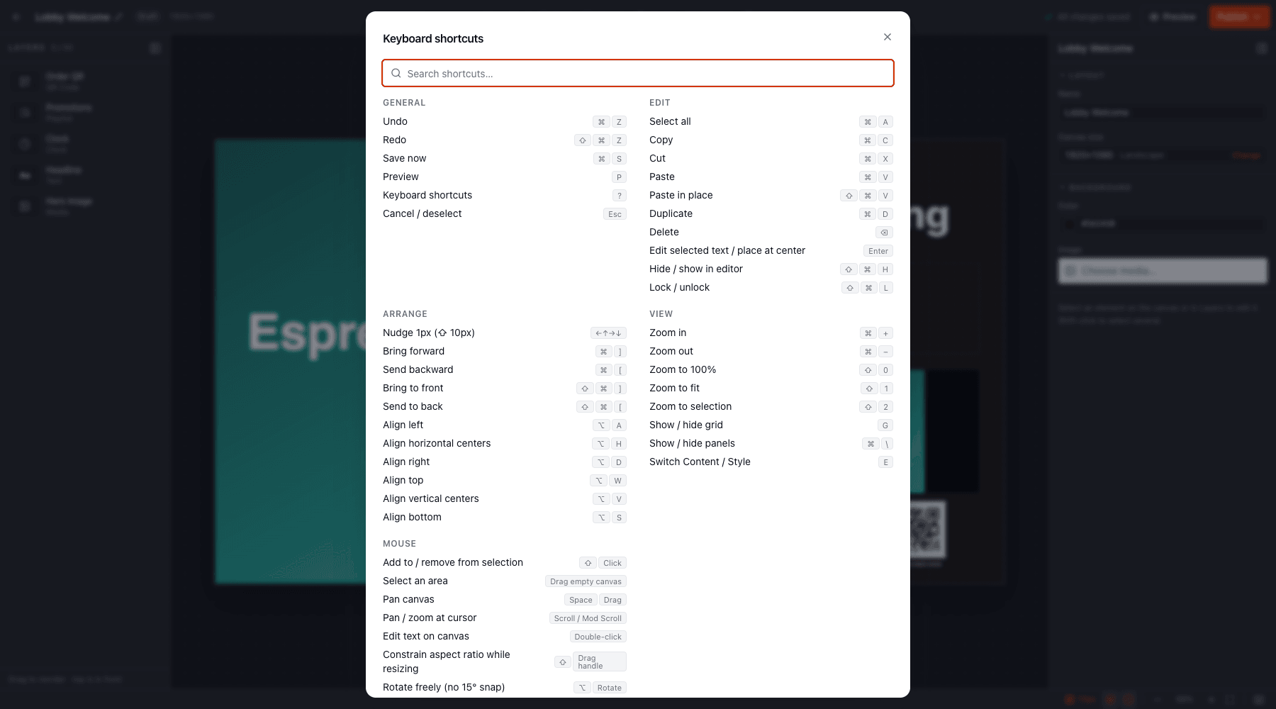 The shortcuts overlay