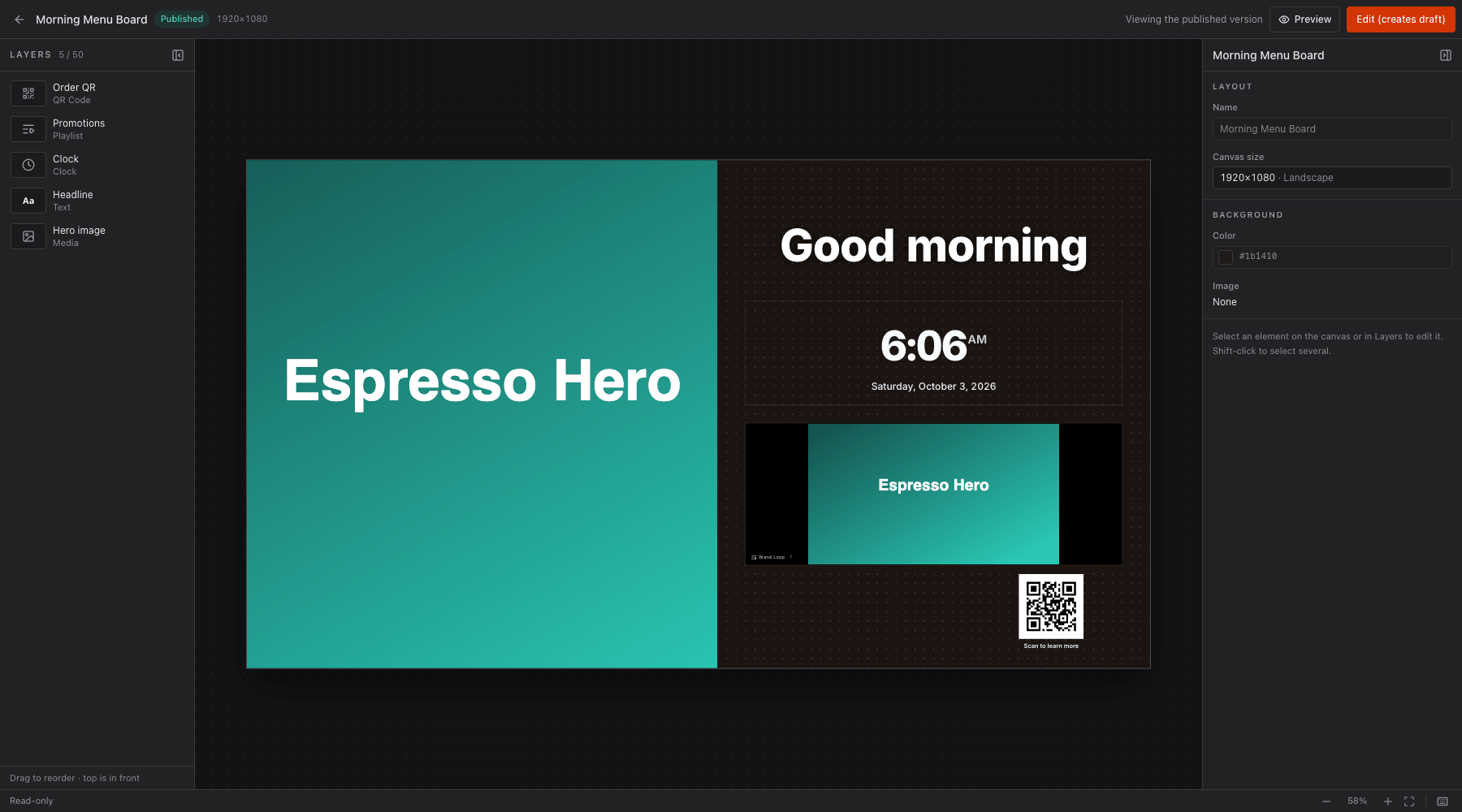 A published layout in read-only view