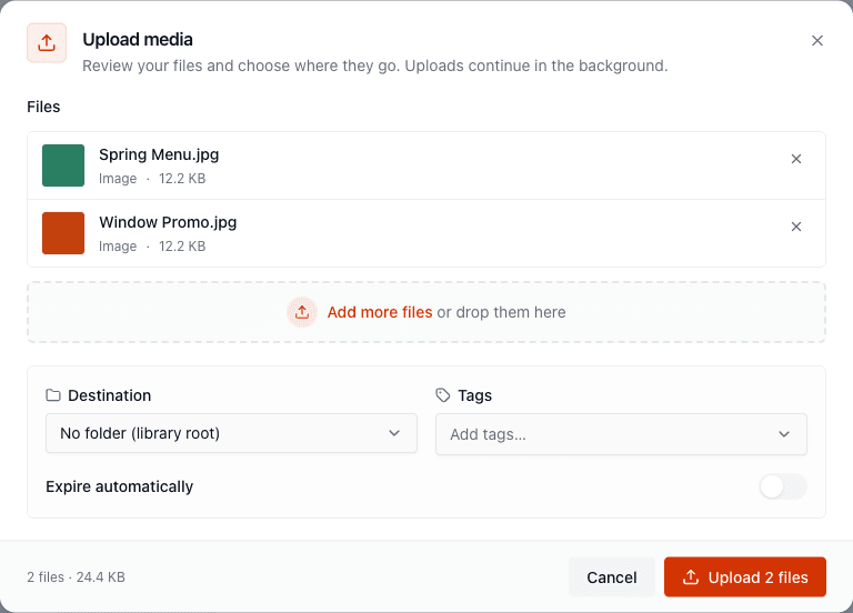 The Upload media dialog