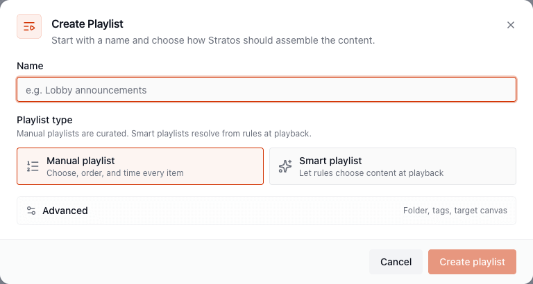 The Create Playlist dialog