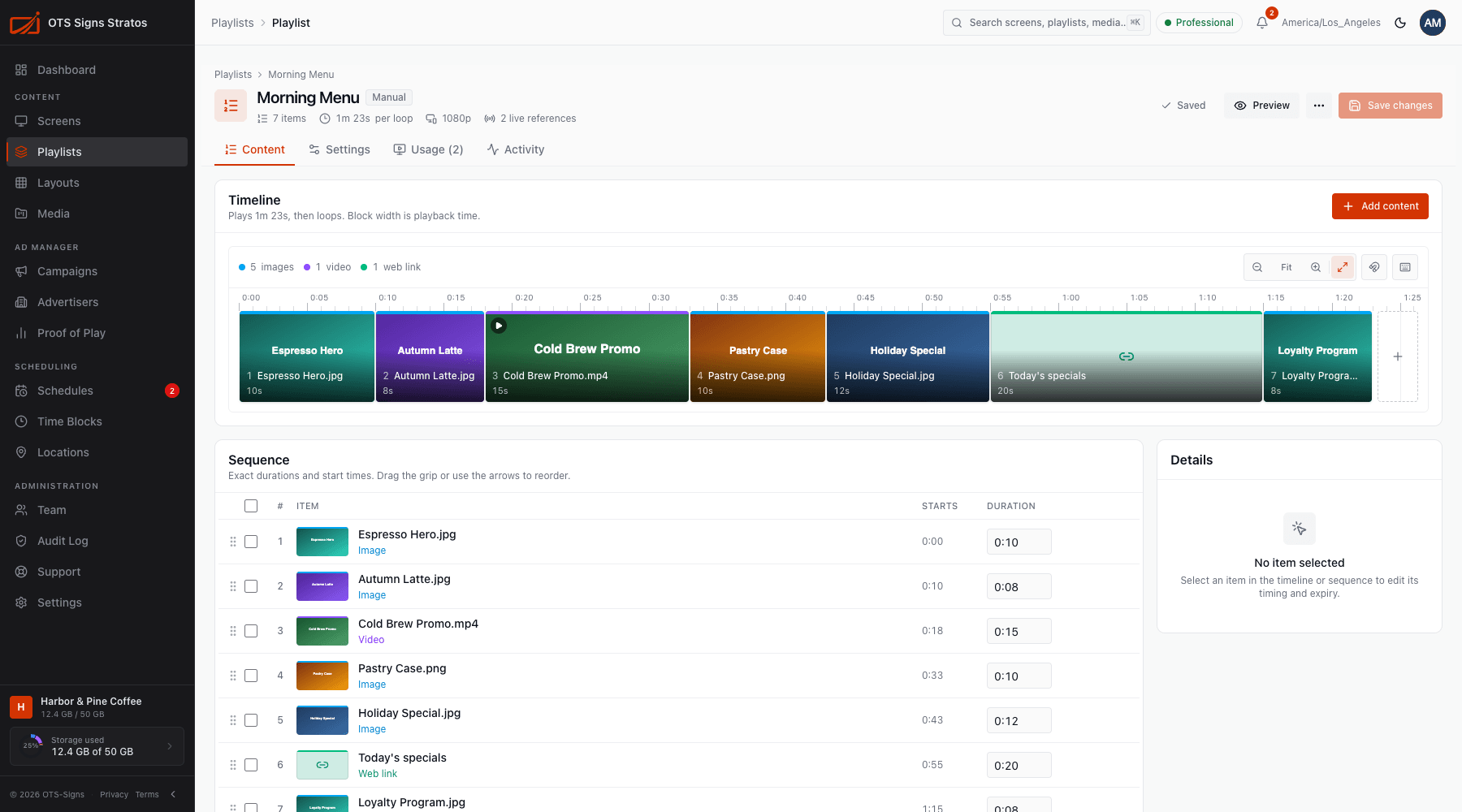The playlist editor, Content tab