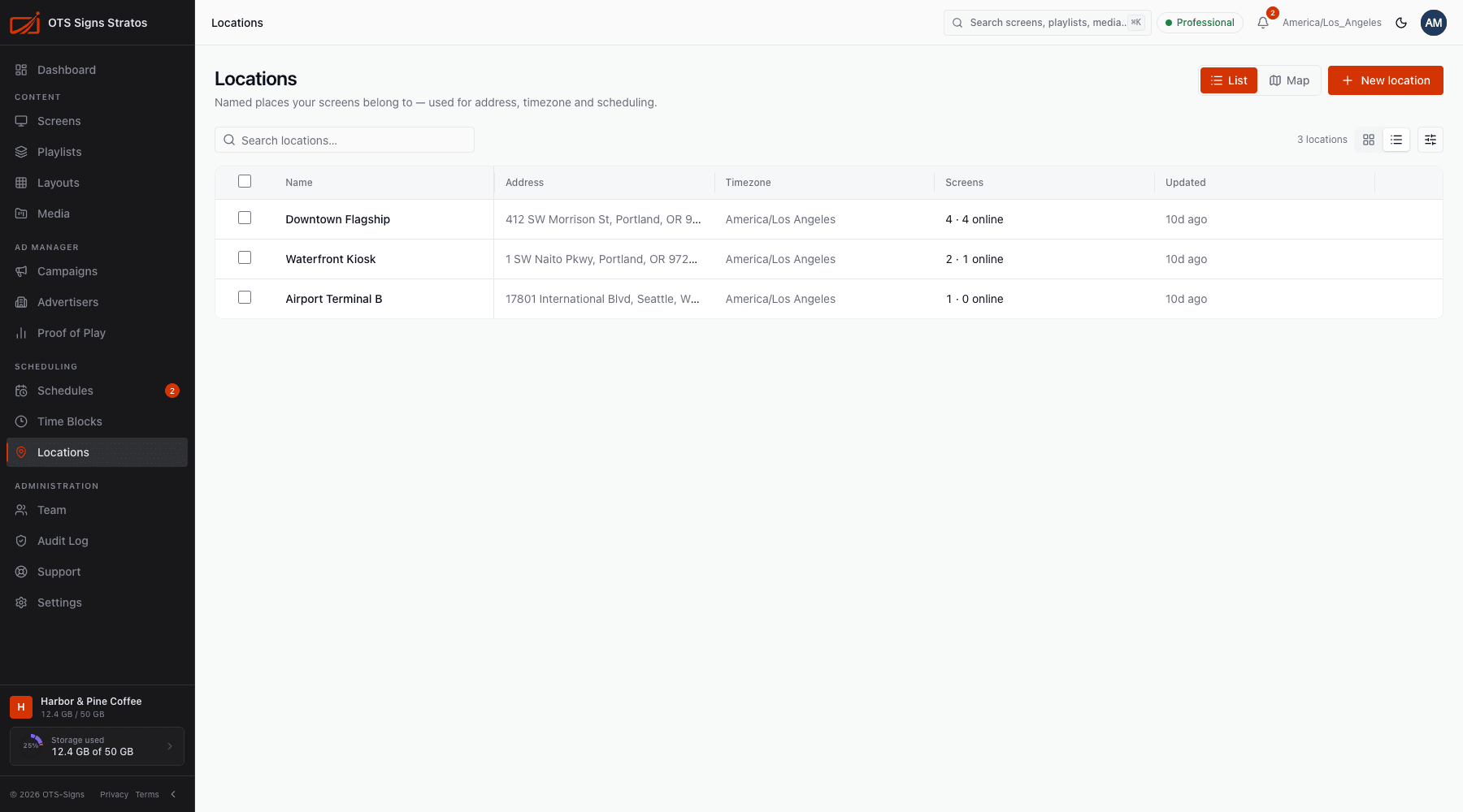 The Locations page