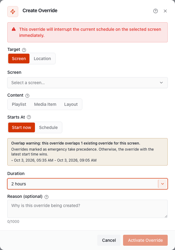 The Create Override dialog