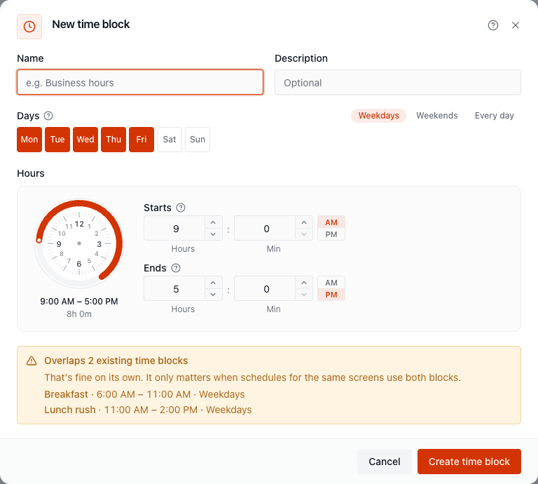 The time block dialog