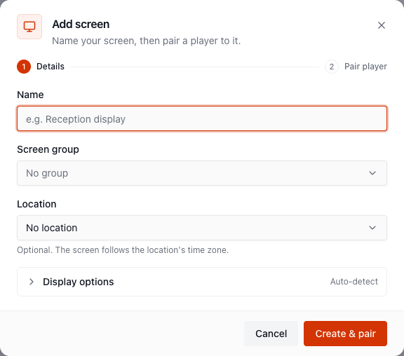 The Add screen dialog on its Details step