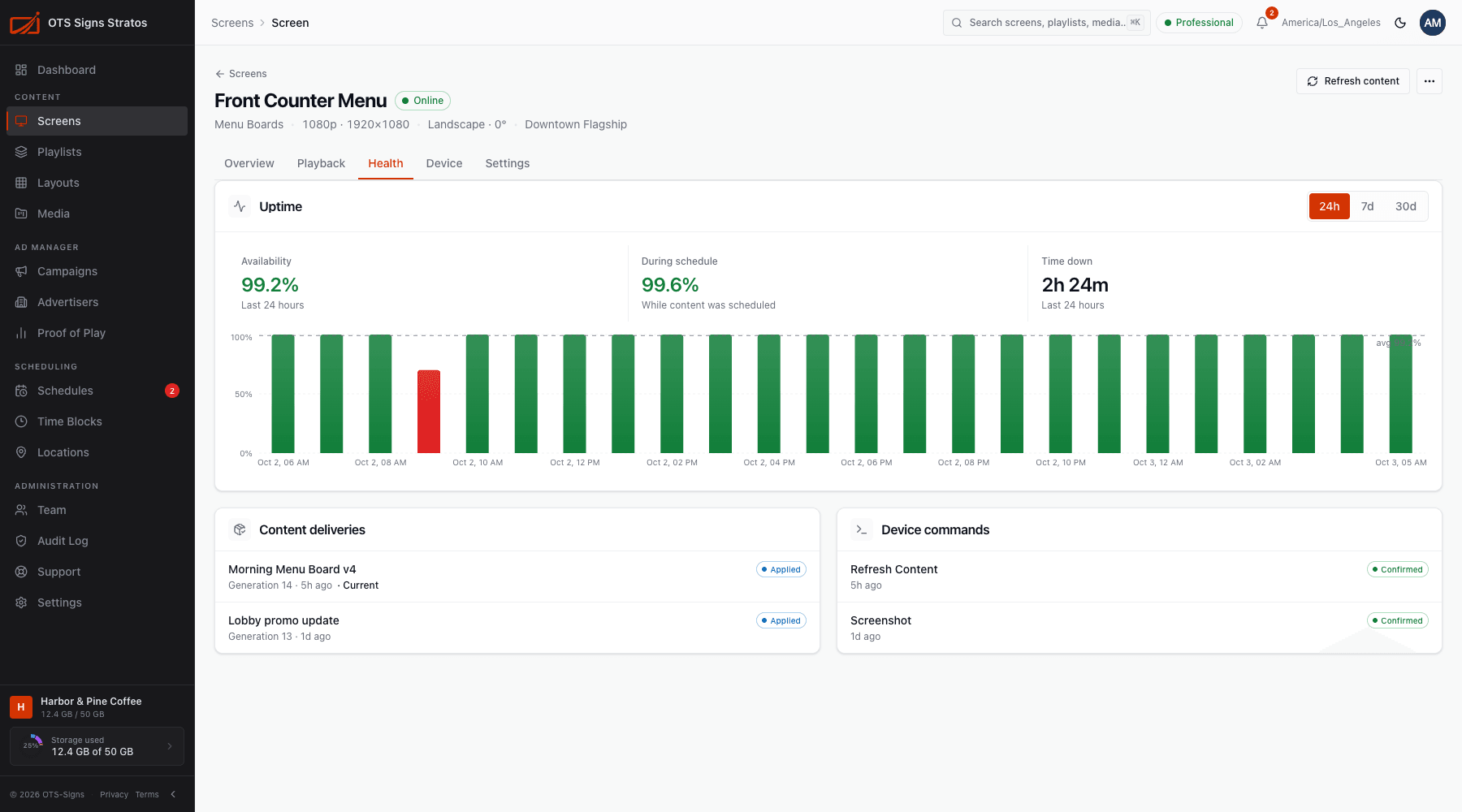 The Health tab with uptime chart