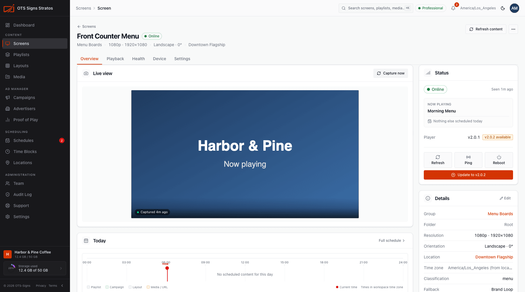 A screen's Overview tab with live view, status and details