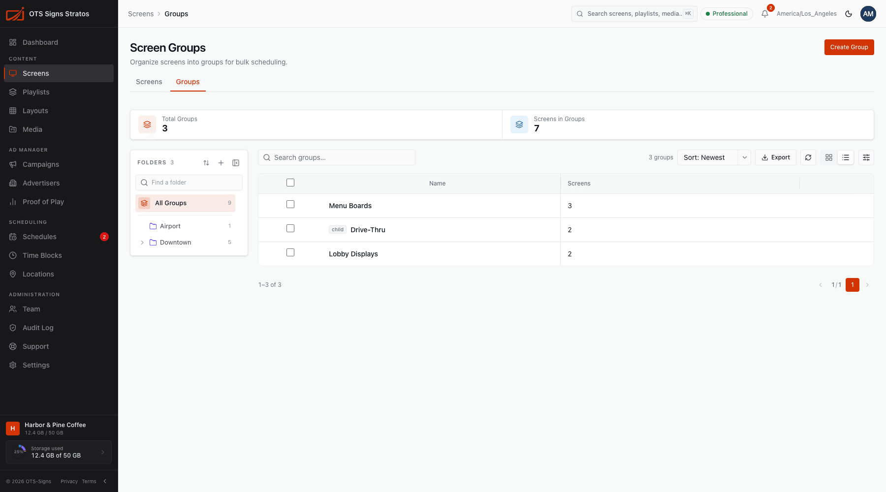 The Screen Groups list