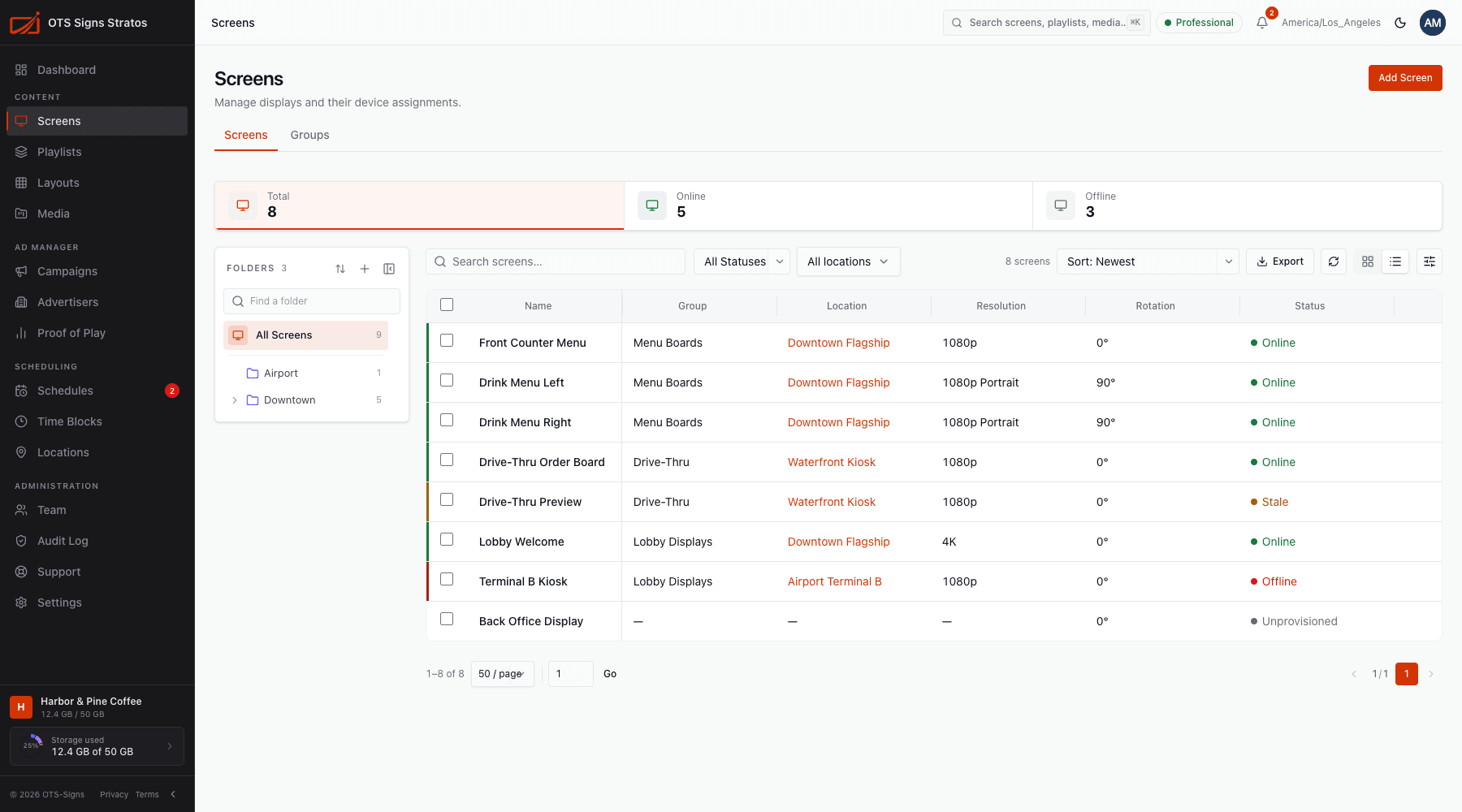 The Screens list with status tiles, folders and filters