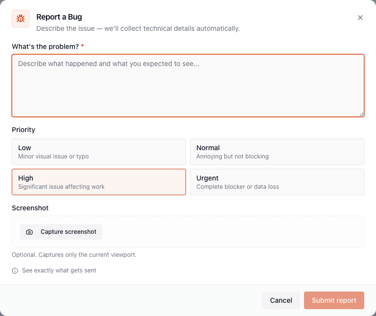 The bug report dialog
