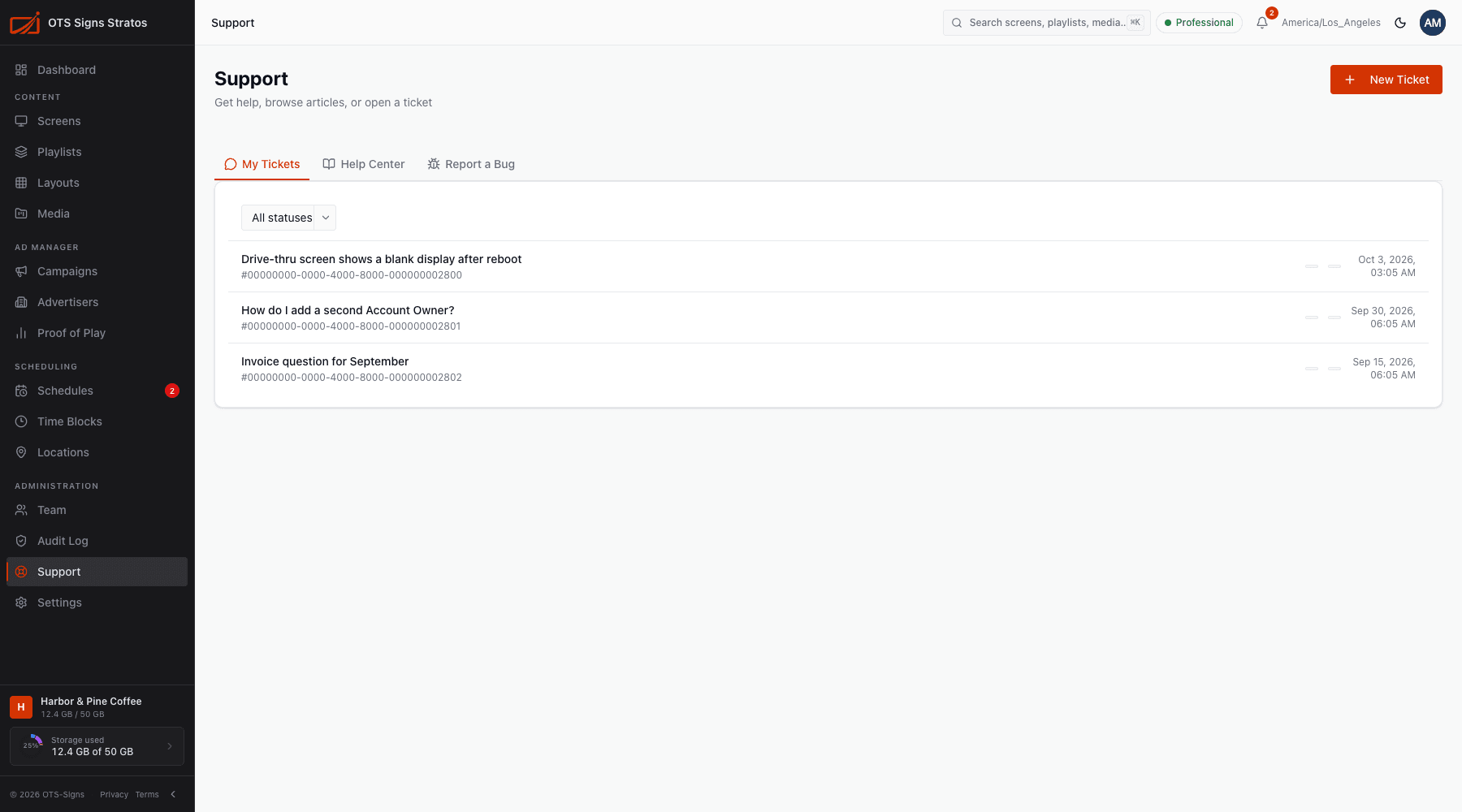 The Support page