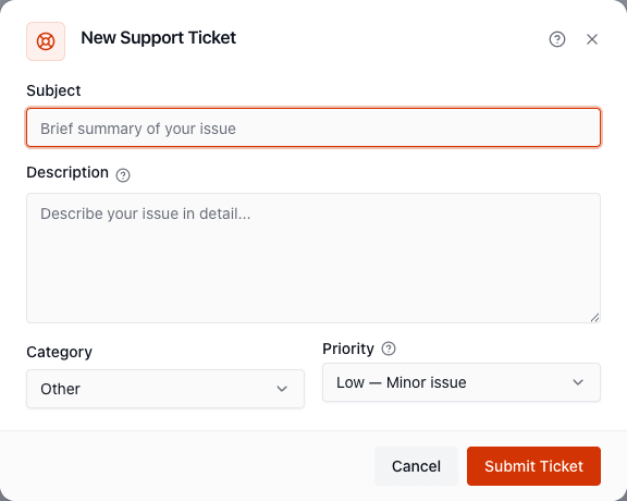 The New Support Ticket dialog